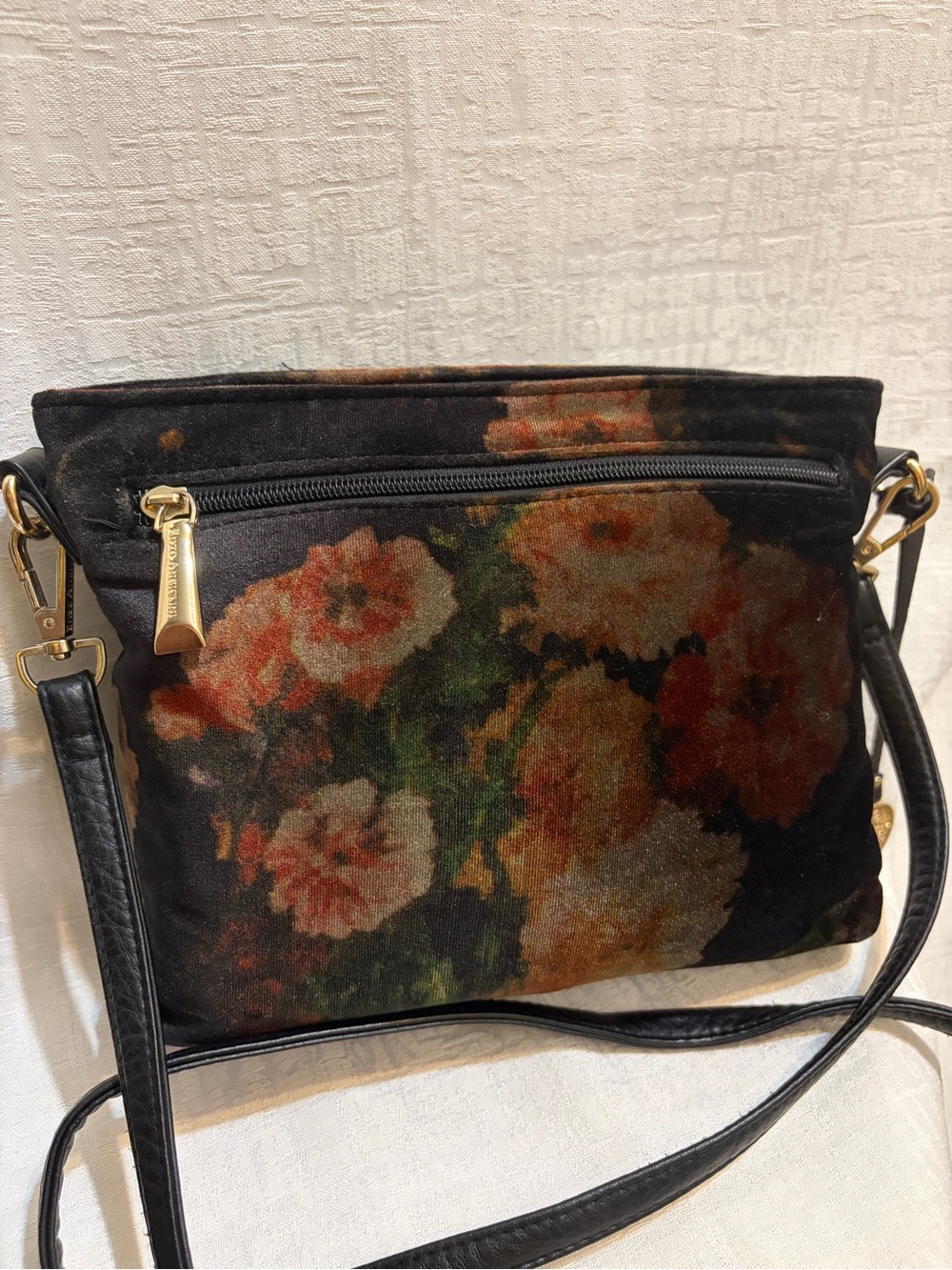 Enzo Angiolini Floral Velvet Crossbody Bag in Black with Rust and Green Accents